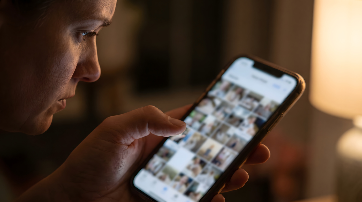Kobieta trzyma telefon z włączonym ekranem przeglądając strone internetową.