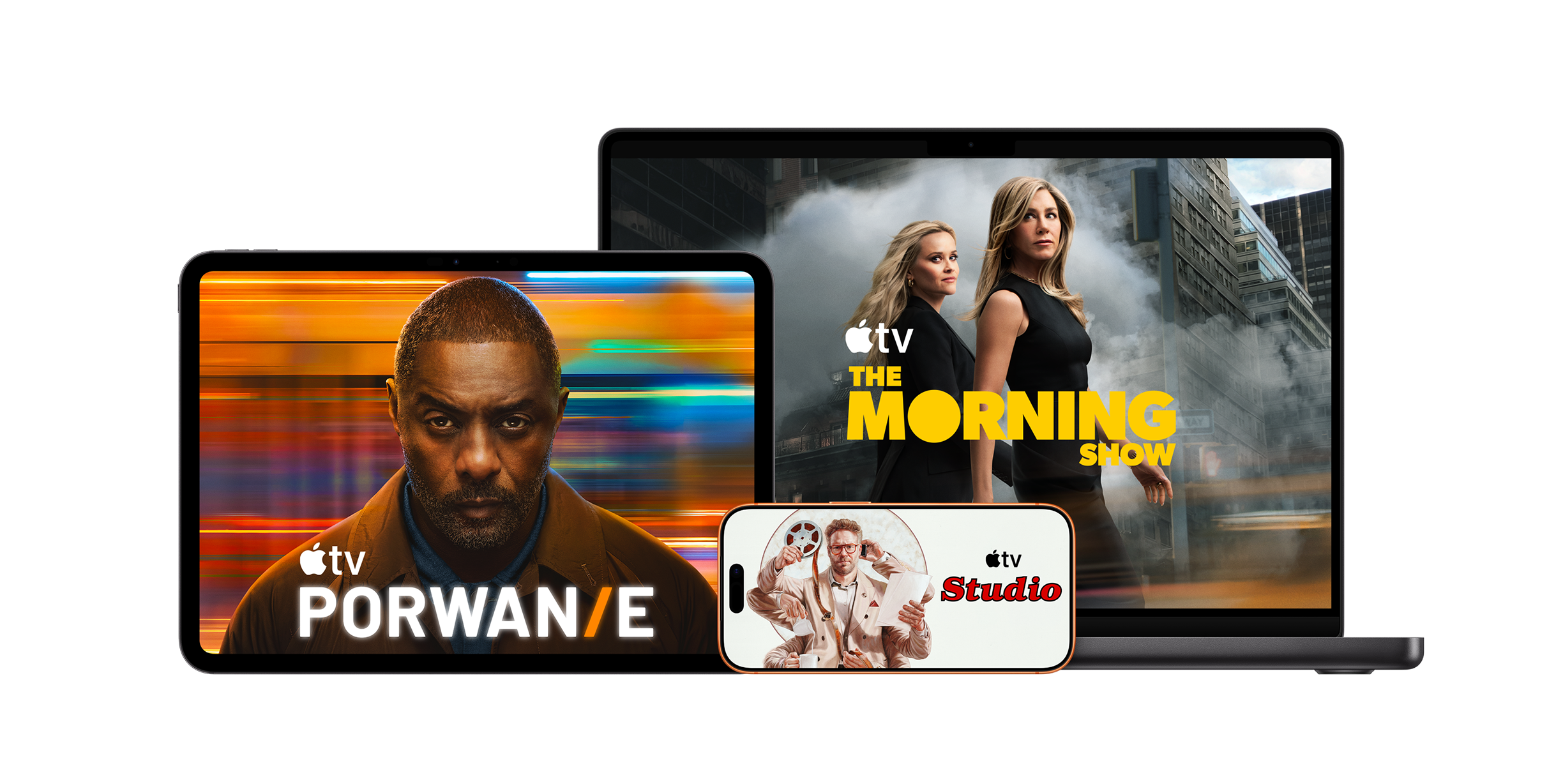 Baner Apple TV+ promujący serial Hijack z Idrisem Elbą, wyświetlany na laptopie, smartfonie i tablecie