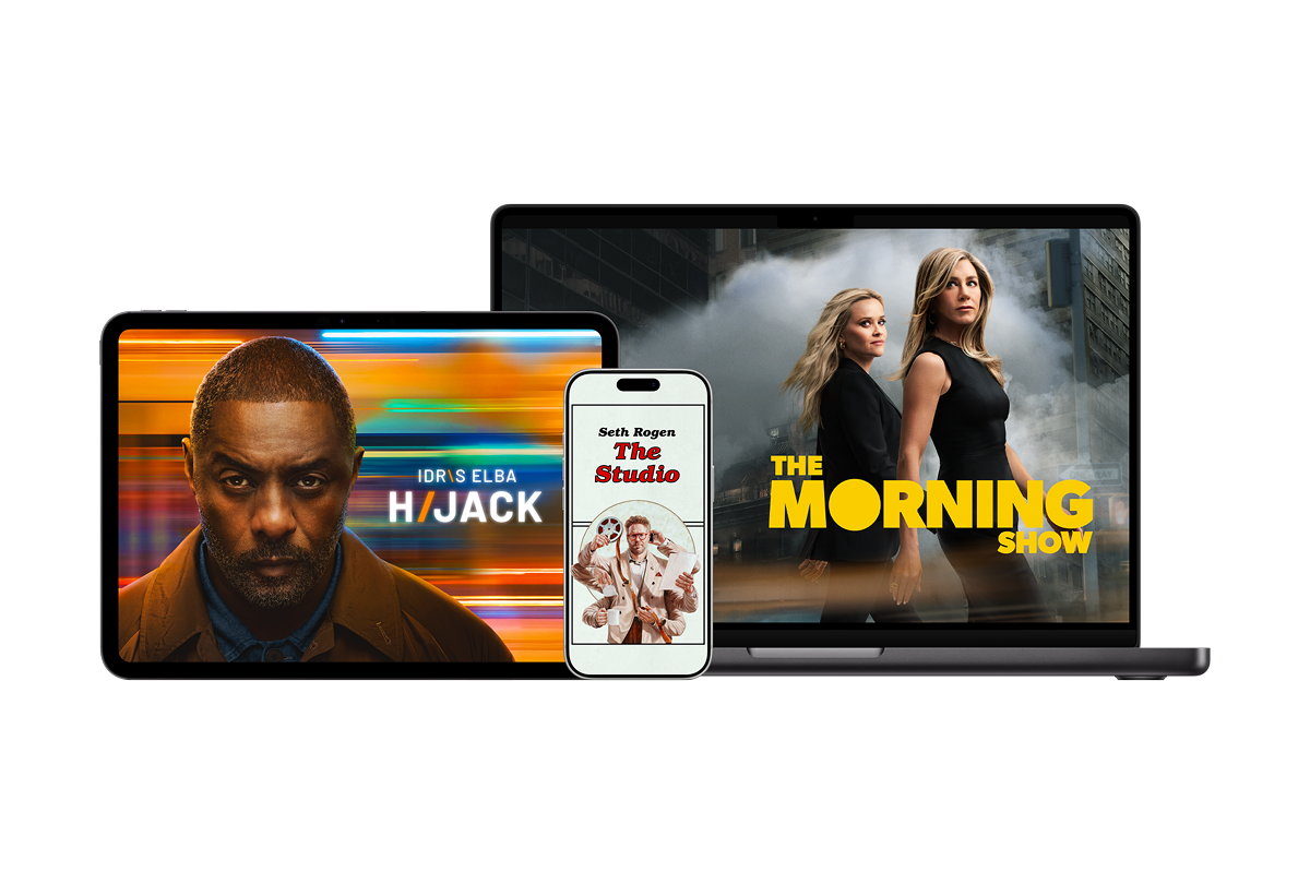 Grafika Apple TV przedstawiająca trzy urządzenia: tablet z plakatem serialu Hijack, smartfon z plakatem The Studio oraz laptop z plakatem The Morning Show