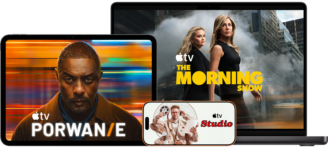 Grafika Apple TV przedstawiająca trzy urządzenia: tablet z plakatem serialu Hijack, smartfon z plakatem The Studio oraz laptop z plakatem The Morning Show