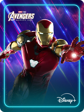 lakat z Iron Manem z serii „Avengers” na Disney+, ukazujący bohatera w dynamicznej pozie na tle neonowych błysków.
