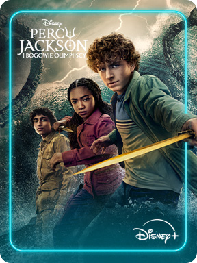 Plakat serialu „Percy Jackson i Bogowie Olimpijscy” na Disney+, przedstawiający młodych bohaterów walczących z potężną falą, z podniesionym świetlistym mieczem.
