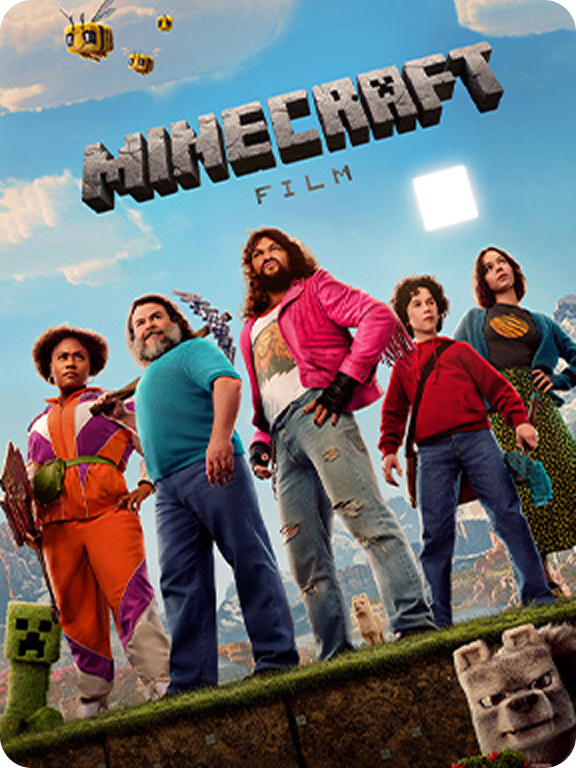 lakat filmu „Minecraft”, pokazujący drużynę bohaterów w świecie Minecraft z charakterystycznymi elementami gry, takimi jak Creeper, pszczoły i pixelowy krajobraz.