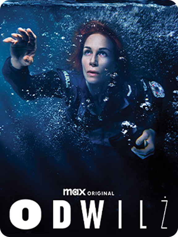 Plakat serialu „Odwilż” Max Original, ukazujący postać zanurzoną pod wodą w mrocznym, dramatycznym ujęciu.